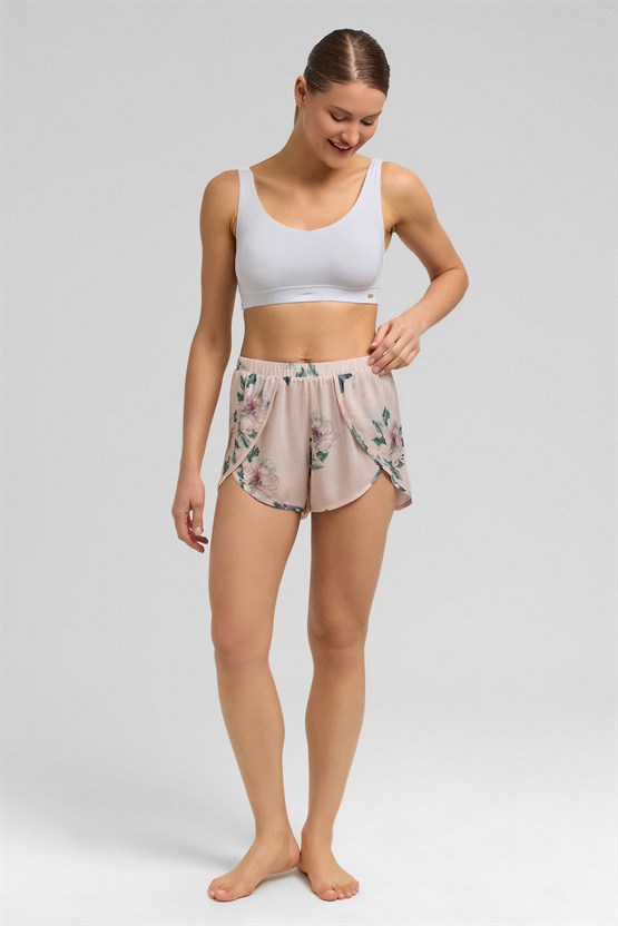 Mısırlı Kadın Viscon Dokuma Mini Şort Pudra