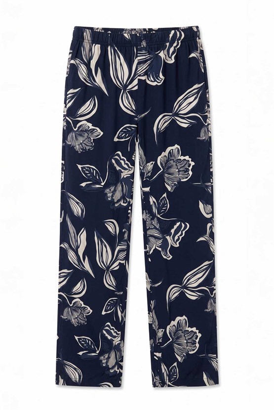 Mısırlı Kadın Viskon Çiçekli Alt Pijama Koyu Lacivert