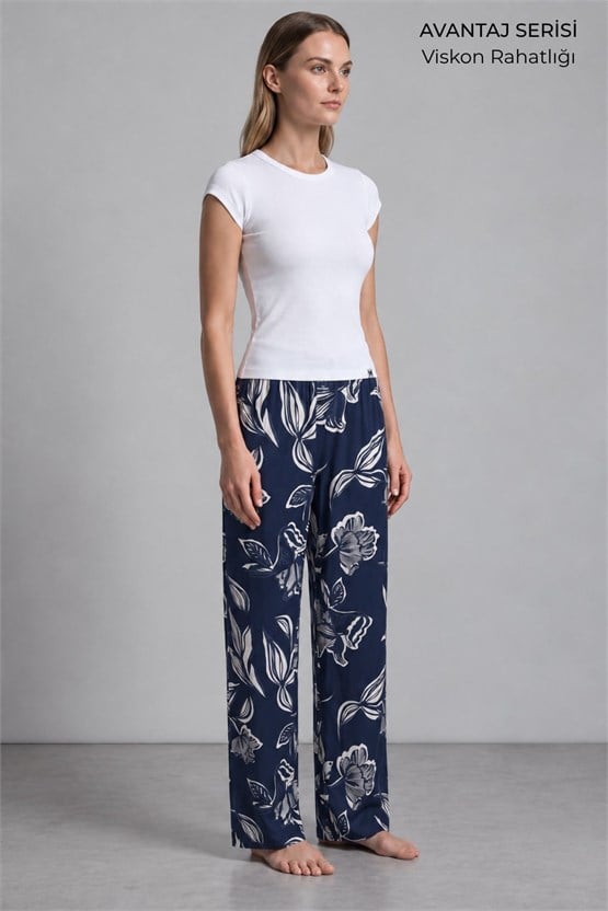 Mısırlı Kadın Viskon Çiçekli Alt Pijama Koyu Lacivert