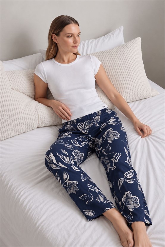 Mısırlı Kadın Viskon Çiçekli Alt Pijama Koyu Lacivert