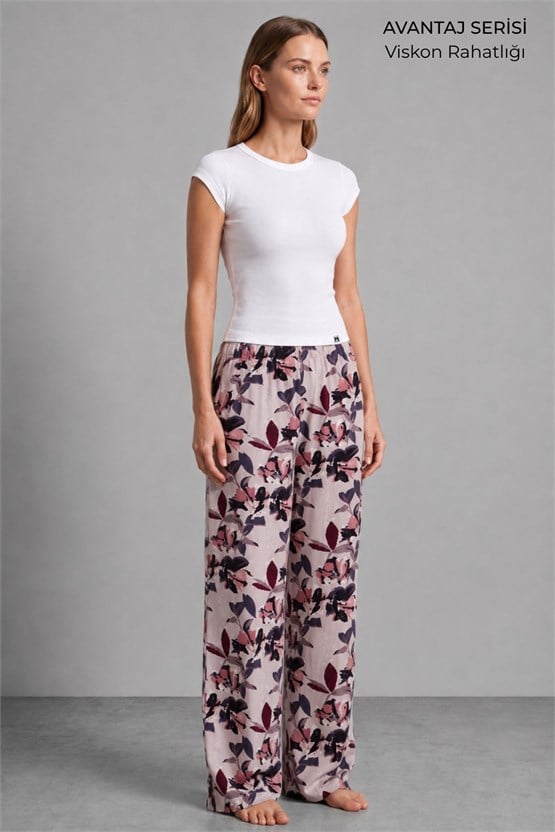 Mısırlı Kadın Viskon Çiçekli Alt Pijama Gül Kurusu
