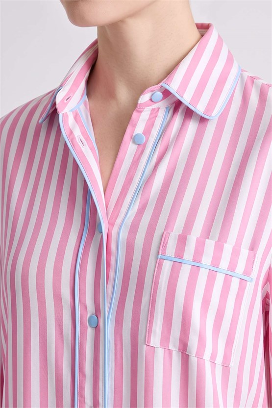 Mısırlı Kadın Viskon Çizgili Garni Detayli Pijama Takım Açık Pembe