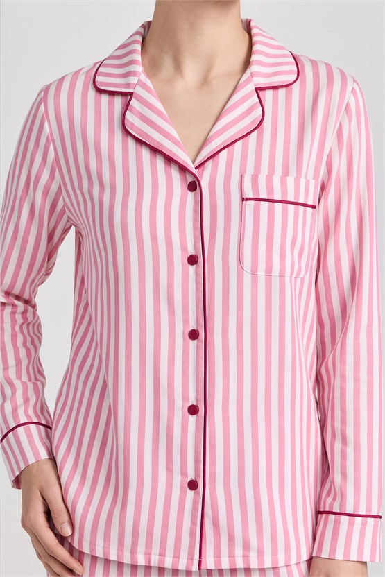 Mısırlı Kadın Viskon Çizgili Pijama Takım Açık Pembe