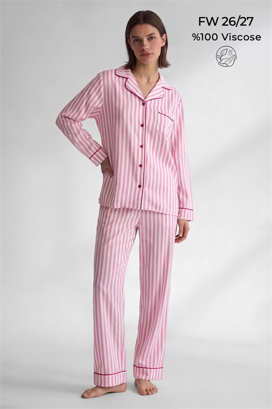 Mısırlı Kadın Viskon Çizgili Pijama Takım Açık Pembe