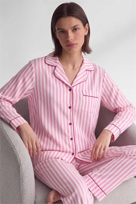Mısırlı Kadın Viskon Çizgili Pijama Takım Açık Pembe