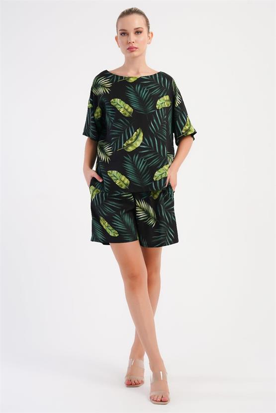 Mısırlı Kadın Viskon Desenli Şort Takım Yeşil