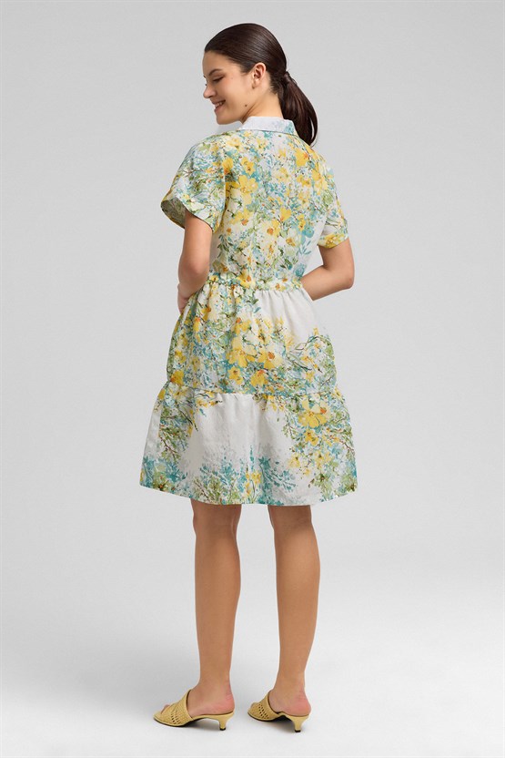 Mısırlı Kadın Viskon Dokuma Diz Üstü Elbise Sarı