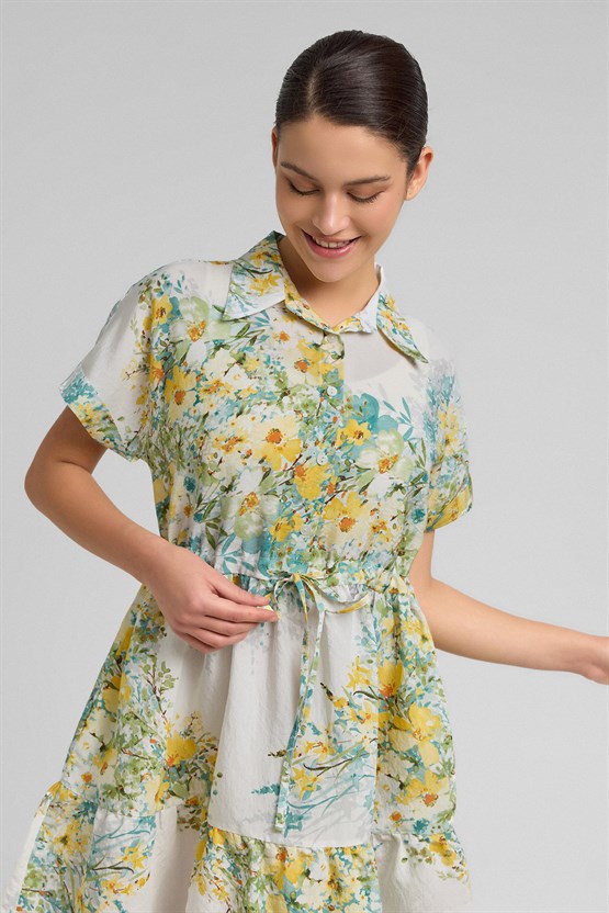 Mısırlı Kadın Viskon Dokuma Diz Üstü Elbise Sarı