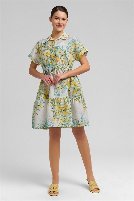 Mısırlı Kadın Viskon Dokuma Diz Üstü Elbise Sarı