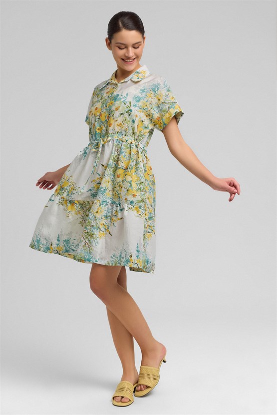 Mısırlı Kadın Viskon Dokuma Diz Üstü Elbise Sarı