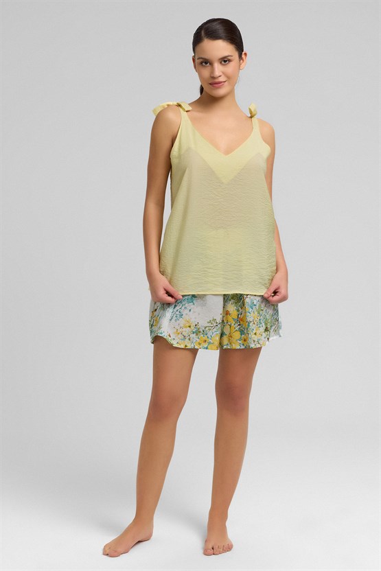 Mısırlı Kadın Viskon Dokuma Şort Askılı Takım Sarı