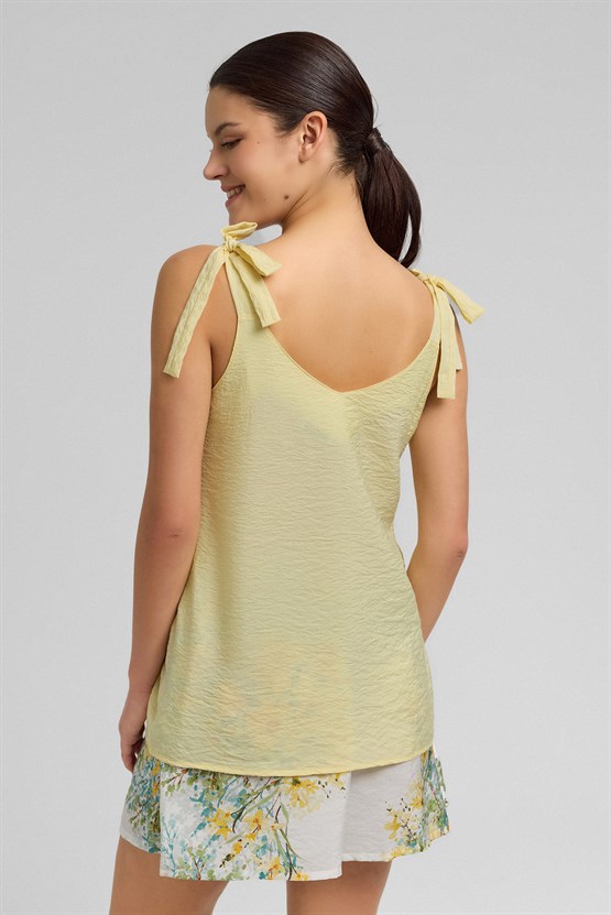 Mısırlı Kadın Viskon Dokuma Şort Askılı Takım Sarı