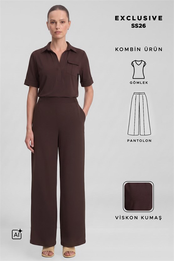 Mısırlı Kadın Viskon Gömlek Yaka İkili Takım Kahverengi