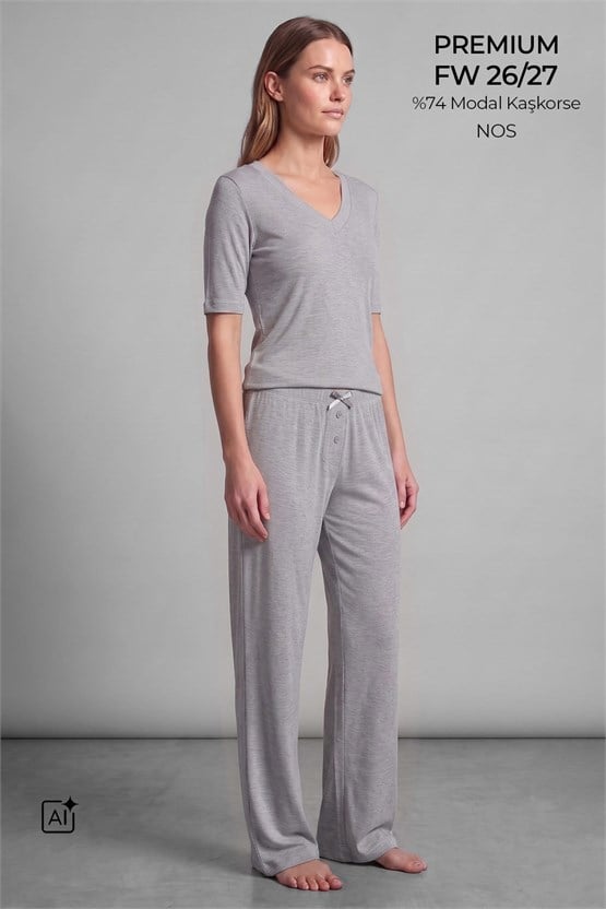 Mısırlı Kadın Modal Kaşkorse Kısa Kol Pijama Takım Gri Melanj