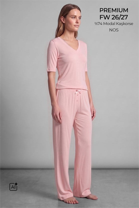 Mısırlı Kadın Modal Kaşkorse Kısa Kol Pijama Takım Açık Pembe