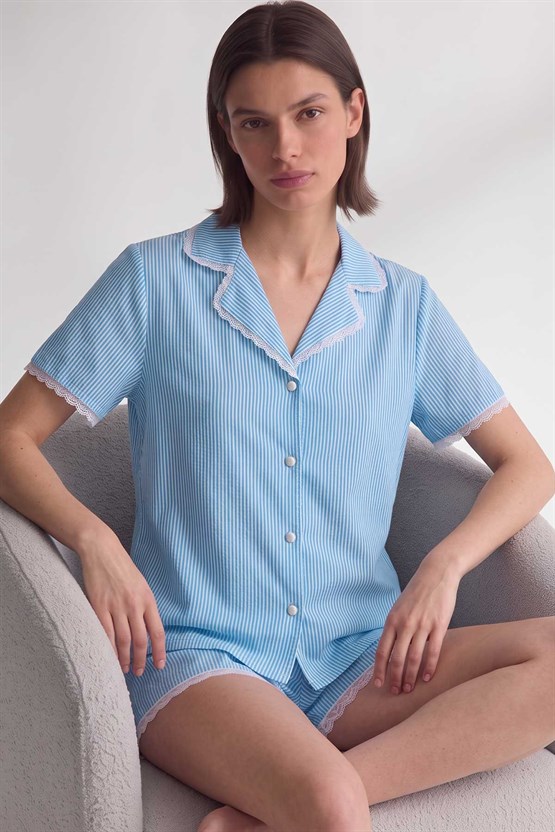 Mısırlı Kadın Viskon Kısa Kol Gömlek Short Pijama Takım Mavi