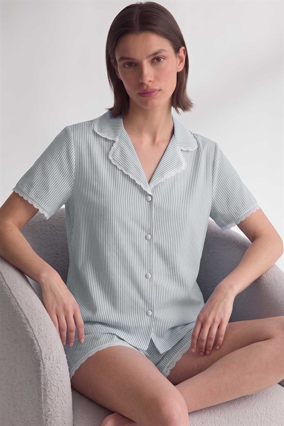 Mısırlı Kadın Viskon Kısa Kol Gömlek Short Pijama Takım Gri