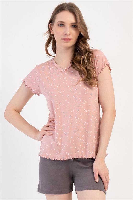 Mısırlı Kadın Viskon Kısa Kollu Şort Pijama Takımı Toz Pembe