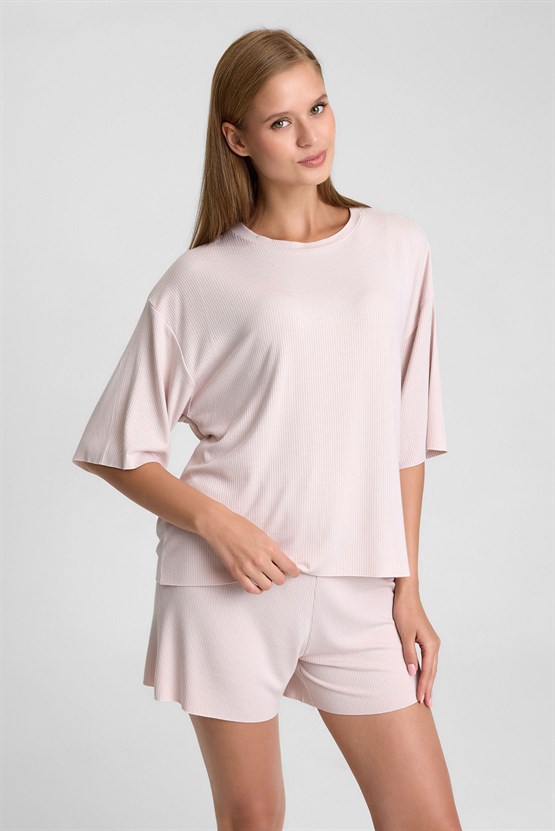 Mısırlı Kadın Viskon Oversize T-shirt Şort Takım Toz Pembe