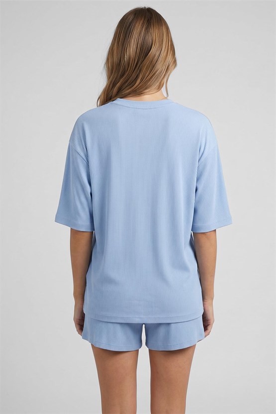 Mısırlı Kadın Viskon Oversize T-shirt Şort Takım Mavi