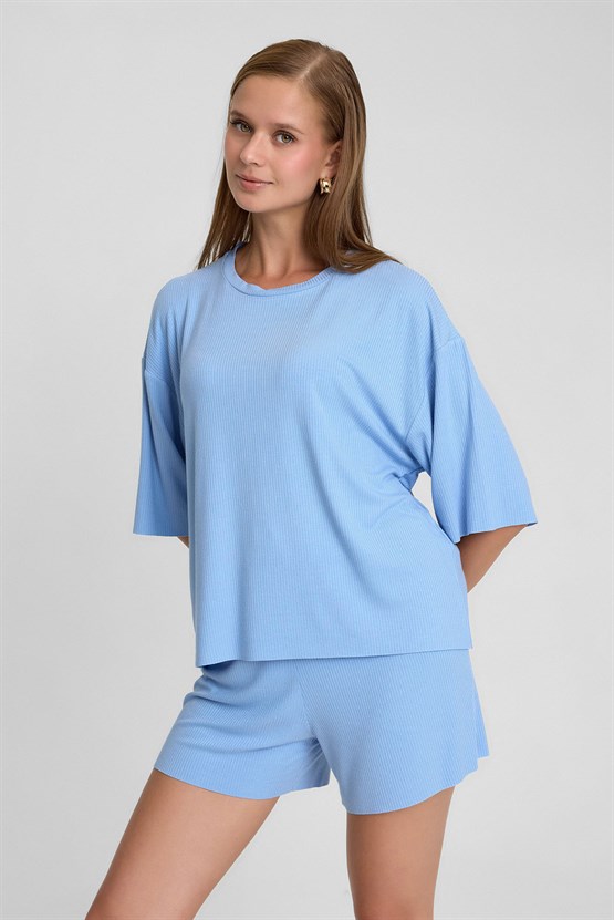 Mısırlı Kadın Viskon Oversize T-shirt Şort Takım Mavi