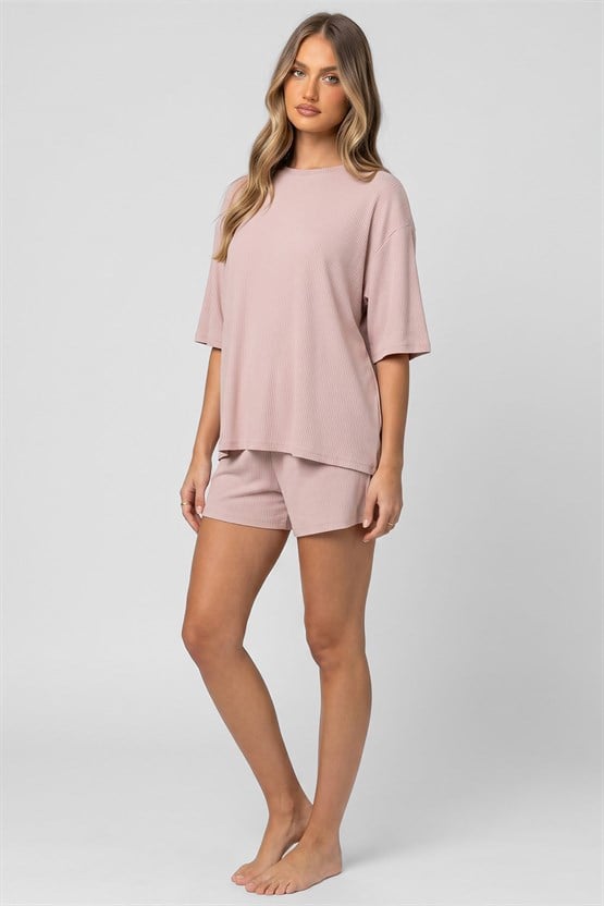 Mısırlı Kadın Viskon Oversize T-shirt Şort Takım Toz Pembe