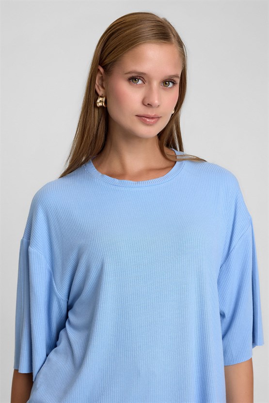 Mısırlı Kadın Viskon Oversize T-shirt Şort Takım Mavi