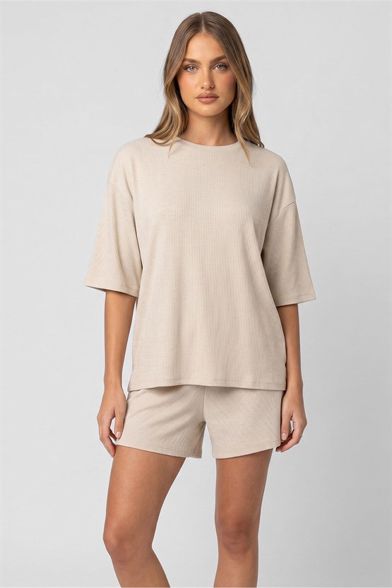 Mısırlı Kadın Viskon Oversize T-shirt Şort Takım Tereyağ Sarı