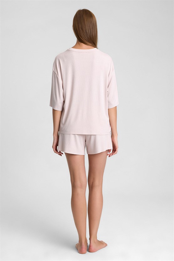 Mısırlı Kadın Viskon Oversize T-shirt Şort Takım Toz Pembe