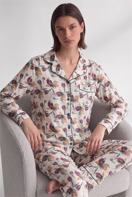 Mısırlı Kadın Viskon Sarı Çiçek Desenli Pijama Takım Sarı