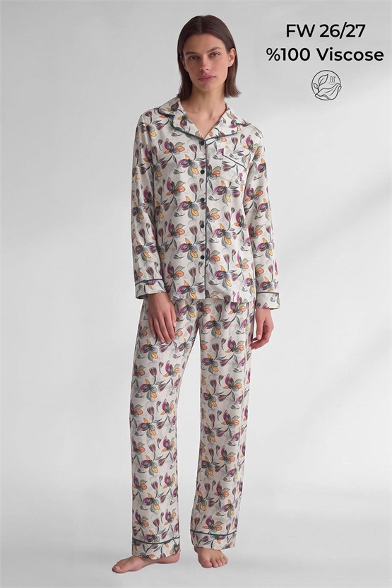 Mısırlı Kadın Viskon Sarı Çiçek Desenli Pijama Takım Sarı
