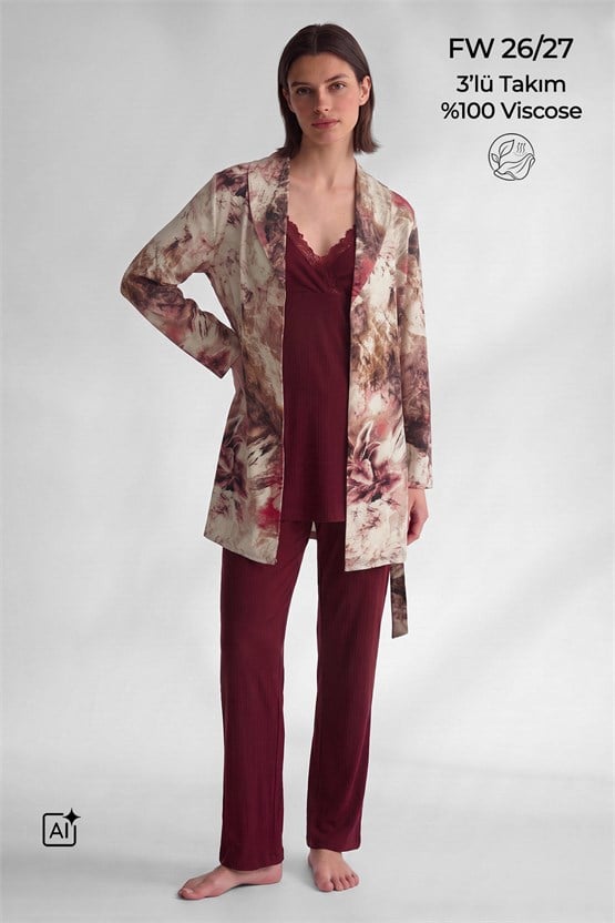 Mısırlı Kadın Viskon Üçlü Set Pijama Takım Bordo