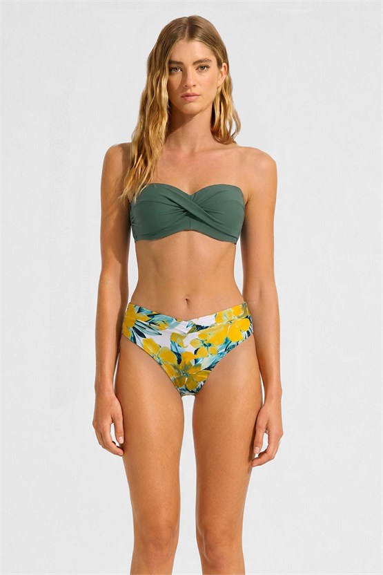 Mısırlı Kaplı Straplez Bikini Takım Sarı Çiçek Desen