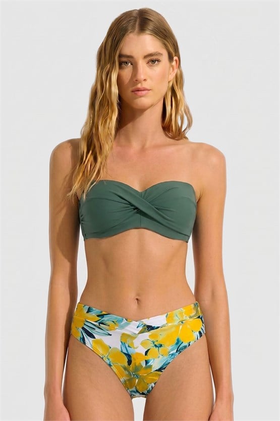 Mısırlı Kaplı Straplez Bikini Takım Sarı Çiçek Desen