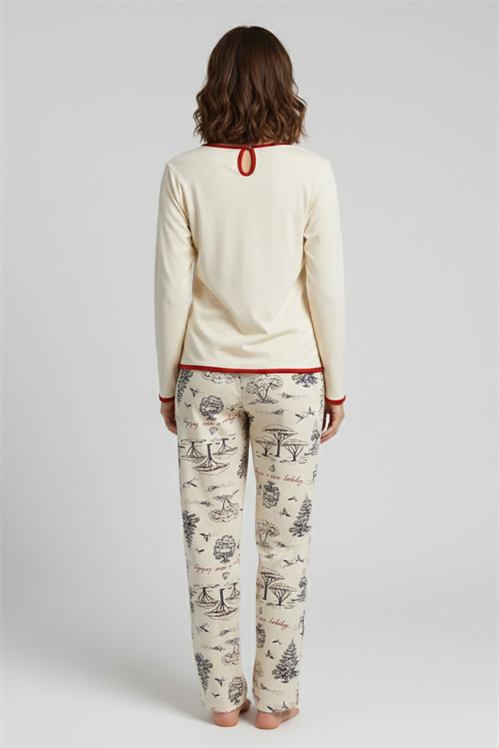 Mısırlı Kadın Pamuk Bisiklet Yaka Pijama Takım Ekru