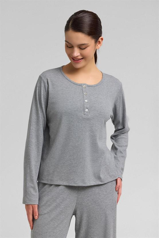 Kadını Kaşkorse Uzun Kollu Sweatshirt Gri Melanj