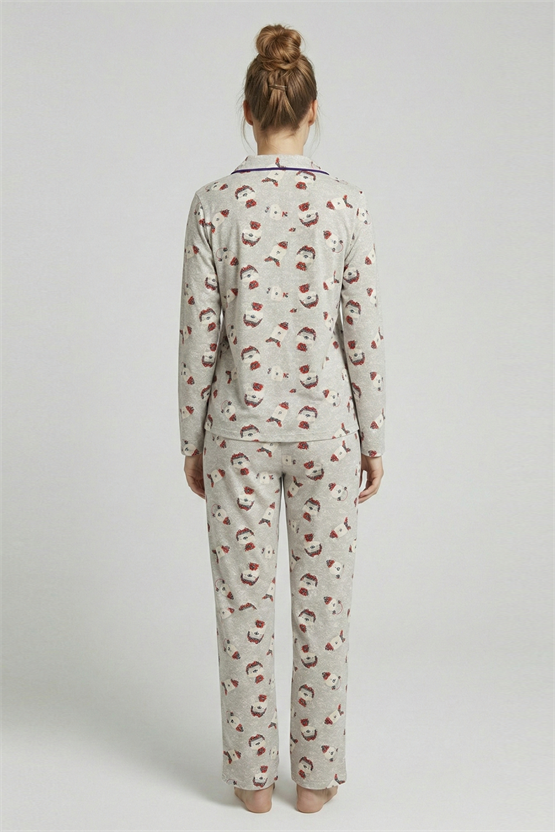 Mısırlı Kadın Pamuk Baskı Detaylı Pijama Takım Gri Melanj