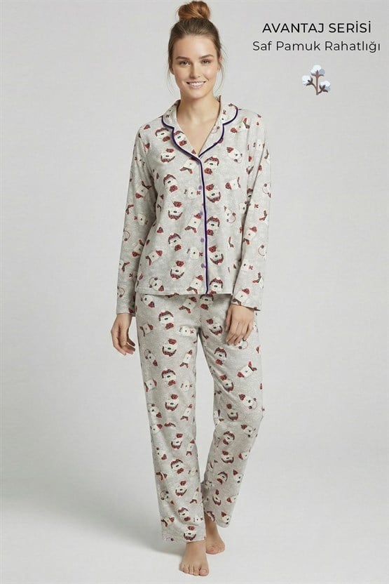 Mısırlı Kadın Pamuk Baskı Detaylı Pijama Takım Gri Melanj