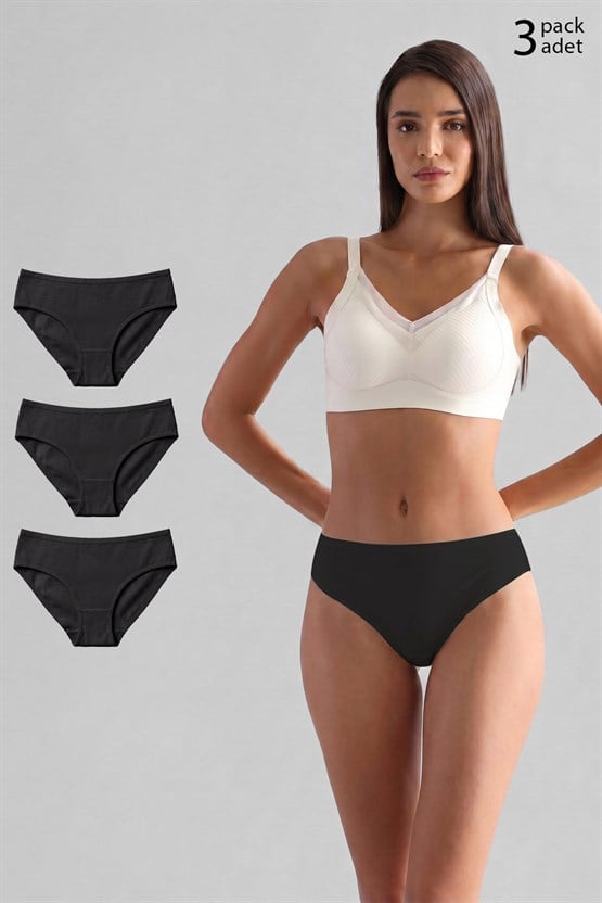 Mısırlı Modal by TENCEL HERA Brief İnce Lastikli 3lü Slip Külot Siyah