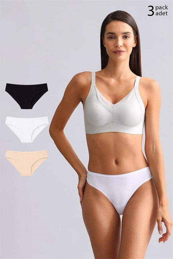 Mısırlı Modal by TENCEL HERA Brief İnce Lastikli 3lü Slip Külot Siyah-Beyaz-Ten