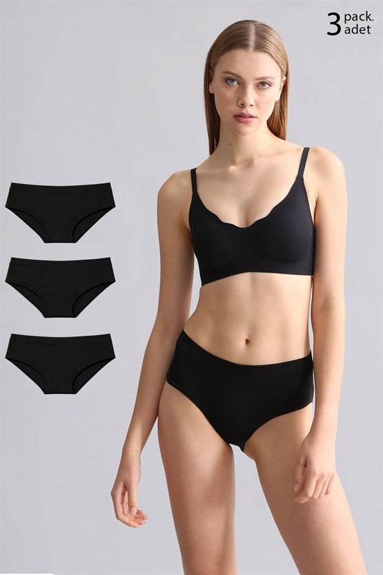 Mısırlı Modal by TENCEL HERA Gizli Lastikli Brazillian 3lü Külot Siyah