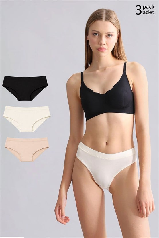Mısırlı Modal by TENCEL HERA Gizli Lastikli Brazillian 3lü Külot Siyah-Beyaz-Ten