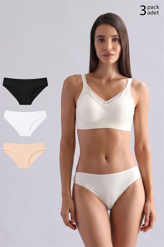 Mısırlı Modal by TENCEL HERA İnce Lastikli 3lü Brazillian Külot Siyah-Beyaz-Ten
