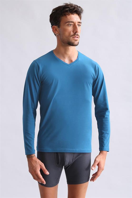 Mısırlı Modal by TENCEL HERCULES Slim Fit V Yaka Uzun Kollu Fanila / T-Shirt Petrol Mavi