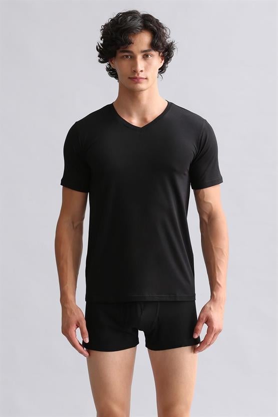 Mısırlı Modal by TENCEL HERCULES Slim Fit V Yaka Fanila / T-Shirt Siyah