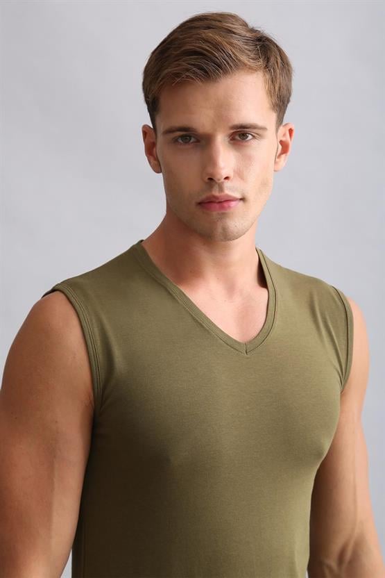 Mısırlı Modal by TENCEL HERCULES Slim Fit V Yaka Sporcu Atlet / T-Shirt Koyu Haki