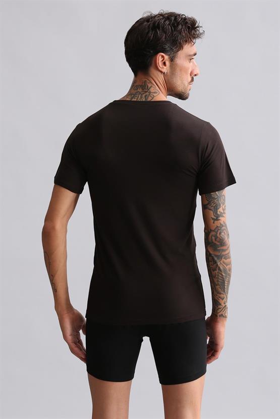 Mısırlı Modal by TENCEL HERCULES Slim Fit Bisiklet Yaka Fanila / T-Shirt Kahverengi