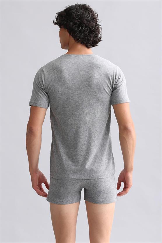 Mısırlı Modal by TENCEL HERCULES Slim Fit V Yaka Fanila / T-Shirt Gri Melanj