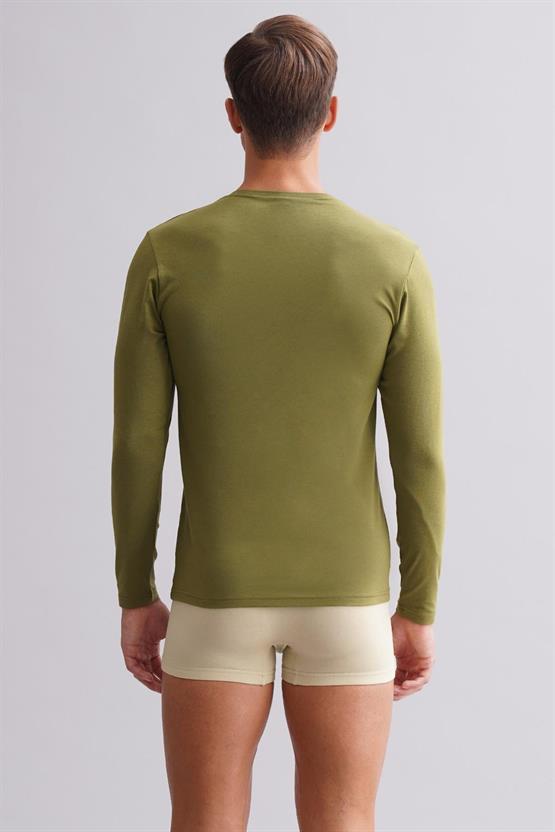 Erkek Modal by TENCEL HERCULES Slim Fit Bisiklet Yaka Uzun Kollu Fanila Haki