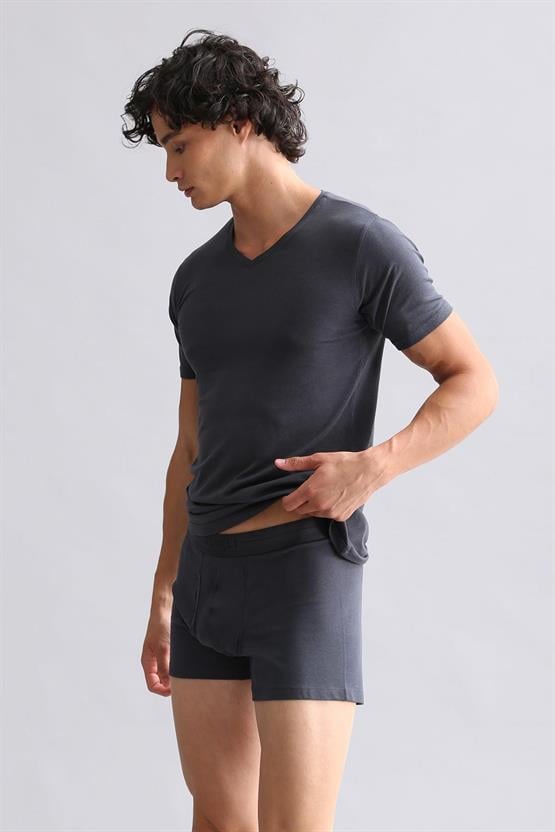 Mısırlı Modal by TENCEL HERCULES Slim Fit V Yaka Fanila / T-Shirt Antrasit